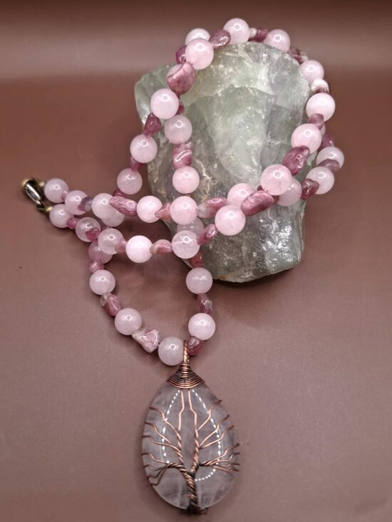 Pendant - rose quartz. 4 cm. Bracelet - rose quartz, tourmaline. 58 cm. 