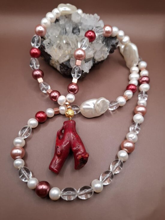 River pearl, artificial pearls, Mountain Crystal. 70 cm. Pendant - coral. 4,5 cm.