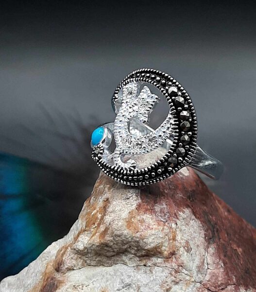 Marcasite, zircons, turquoise. Silver. Size 7,5.